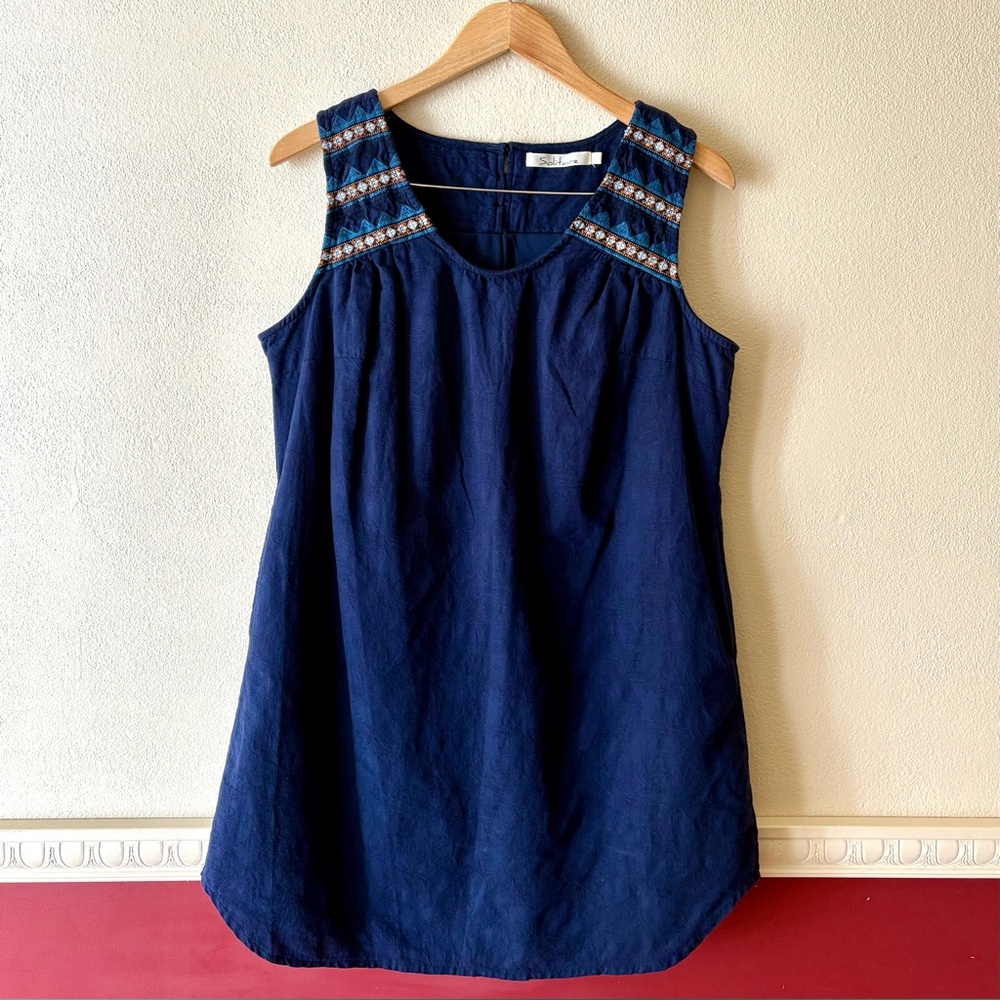 Anthropologie Solitaire Navy Blue Embroidered lined cotton tank dress